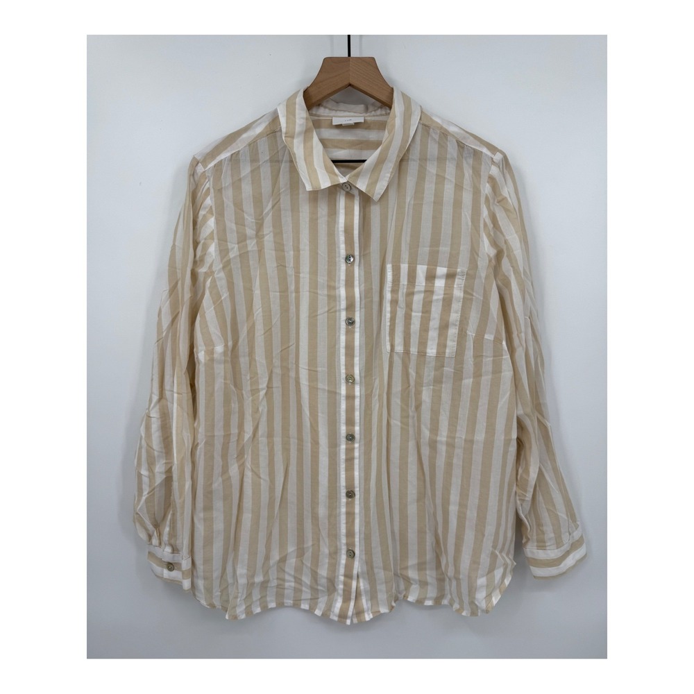 J Jill Shirt Womens 2X Tan White Striped Long Sleeve Button Up Cotton Beach
